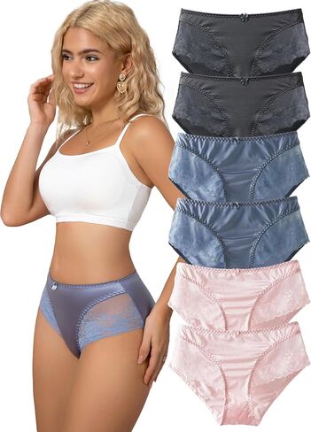 Satin Panties Lace Panties Womens Silk Underwear Spliced Highrise Cheekster Ladies Lace Briefs for Women Multipack in Kuwait
