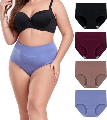 ملابس داخلية نسائية بمقاس كبير XL-5XL سراويل داخلية قطنية عالية الخصر للنساء بتغطية كاملة، 4 قطع in Kuwait