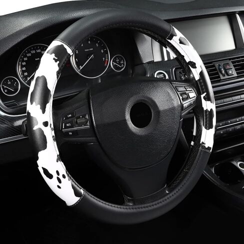 Cow Print Steering Wheel Cover, Microfiber Leather Cute Breathable Anti Slip Universal Protector 14.5-15 inch Car Interior Accessories for Women Men, Black White in Saudi Arabia