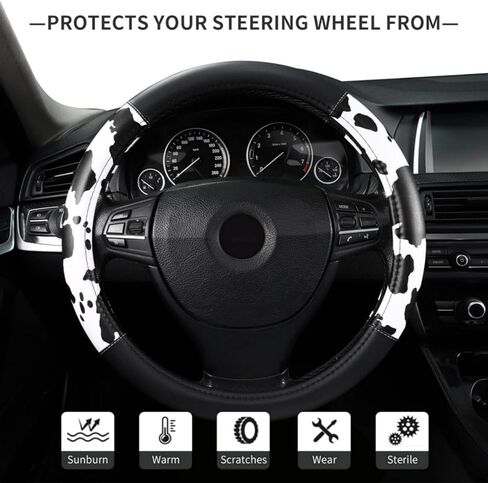 Cow Print Steering Wheel Cover, Microfiber Leather Cute Breathable Anti Slip Universal Protector 14.5-15 inch Car Interior Accessories for Women Men, Black White in Saudi Arabia