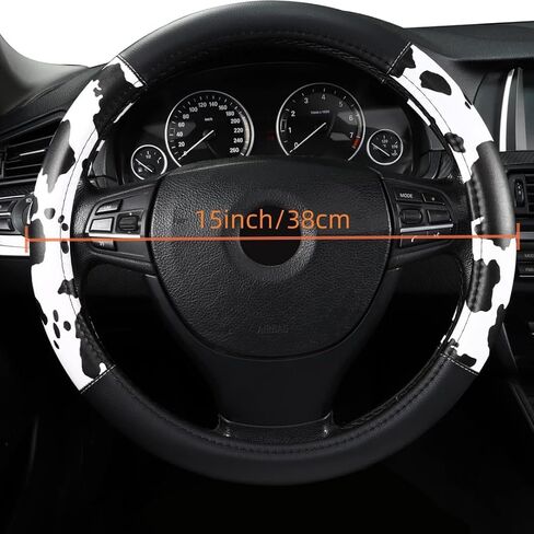 Cow Print Steering Wheel Cover, Microfiber Leather Cute Breathable Anti Slip Universal Protector 14.5-15 inch Car Interior Accessories for Women Men, Black White in Saudi Arabia