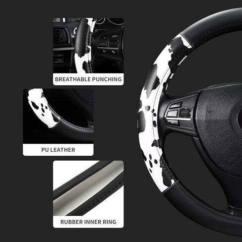 Cow Print Steering Wheel Cover, Microfiber Leather Cute Breathable Anti Slip Universal Protector 14.5-15 inch Car Interior Accessories for Women Men, Black White in Saudi Arabia