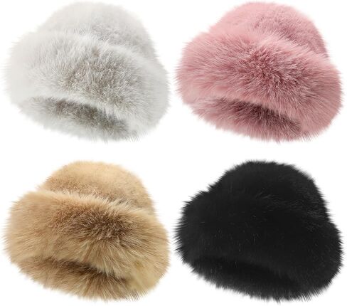 Patelai 4 Pcs Women's Winter Faux Fur Bucket Hat Fisherman Fuzzy Bucket Hat Mongolian Fisherman Cap Beanie for Outdoor in Saudi Arabia