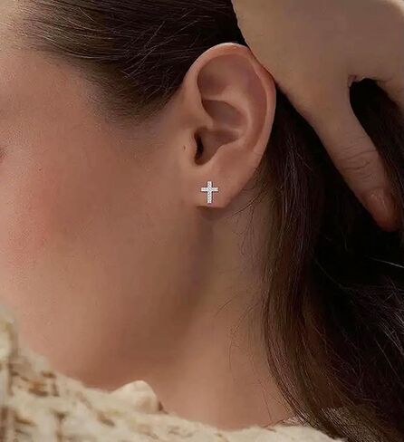 Tiny Cross Stud Earrings, 14K Gold Plated CZ Silver Earrings, Hypoallergenic Minimalist Small Stud Earrings for Women Men in Saudi Arabia