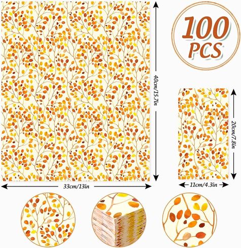 100Pcs Fall Paper Guest Napkins Branches Leaves Bathroom Napkins Autumn Orange Disposable Hand Towel Napkin for Thanksgiving Home Party Supplies in Saudi Arabia