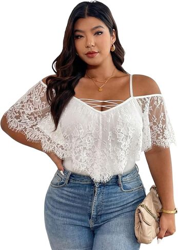OYOANGLE Women's Plus Size Lace Cold Shoulder Short Sleeve Bodysuits Criss Cross Fitted Body Suit Top in Saudi Arabia