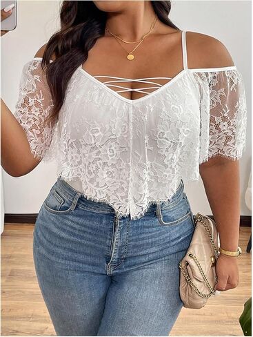 OYOANGLE Women's Plus Size Lace Cold Shoulder Short Sleeve Bodysuits Criss Cross Fitted Body Suit Top in Saudi Arabia