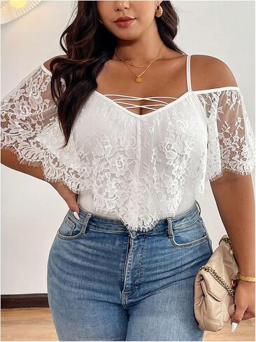 OYOANGLE Women's Plus Size Lace Cold Shoulder Short Sleeve Bodysuits Criss Cross Fitted Body Suit Top in Saudi Arabia