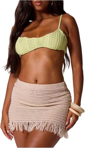 MakeMeChic Women's Crochet Skirt Low Waist Fringe Knit Bodycon Summer Short Skirts in Saudi Arabia