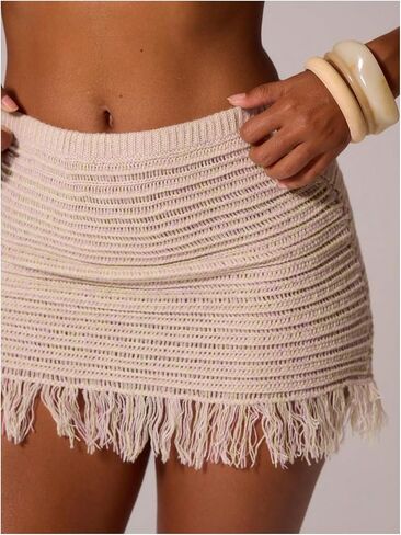 MakeMeChic Women's Crochet Skirt Low Waist Fringe Knit Bodycon Summer Short Skirts in Saudi Arabia