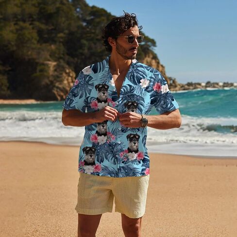 Miniature Schnauzer Hawaiian Shirts for Men,Button Down Beach Casual Shirtss in Saudi Arabia