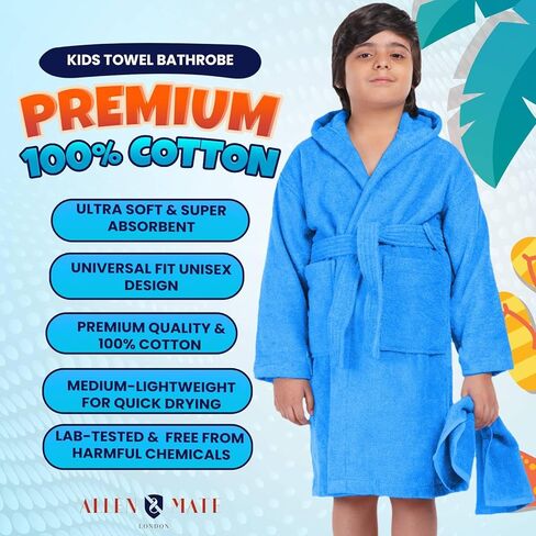 ALLEN & MATE 100% COTTON Hooded Kids Bathrobe – 380 GSM, Safety Certified, Soft Lightweight & Absorbent Robe for Boys & Girls in Kuwait