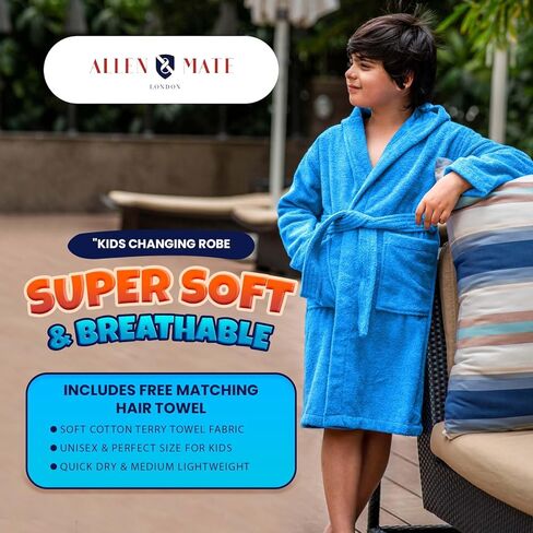 ALLEN & MATE 100% COTTON Hooded Kids Bathrobe – 380 GSM, Safety Certified, Soft Lightweight & Absorbent Robe for Boys & Girls in Kuwait