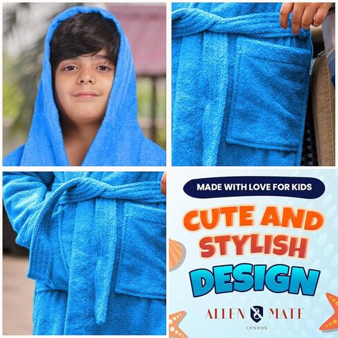 ALLEN & MATE 100% COTTON Hooded Kids Bathrobe – 380 GSM, Safety Certified, Soft Lightweight & Absorbent Robe for Boys & Girls in Kuwait
