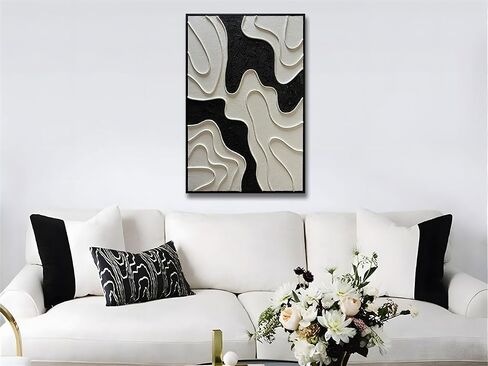 zoinart Black and White Textured Wall Art, Abstract Painting on Canvas, 24x36 Inch, Contemporary Minimalist Artwork Wall, Modern Framed Wall Decor in Kuwait