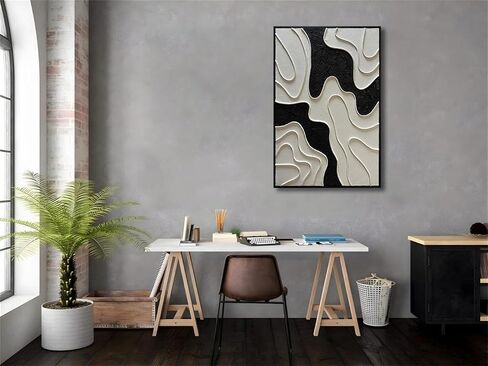 zoinart Black and White Textured Wall Art, Abstract Painting on Canvas, 24x36 Inch, Contemporary Minimalist Artwork Wall, Modern Framed Wall Decor in Kuwait
