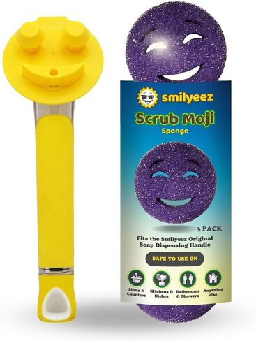 The Original Smiling Sponge Handle Soap Dispensing Handle by Smilyeez - (White) & 3 Purple Scrub Moji Sponges in Kuwait