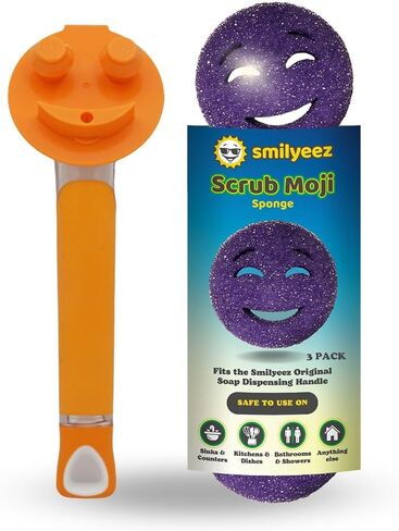 The Original Smiling Sponge Handle Soap Dispensing Handle by Smilyeez - (White) & 3 Purple Scrub Moji Sponges in Kuwait