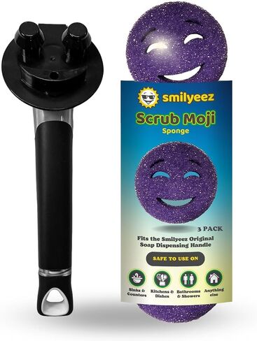 The Original Smiling Sponge Handle Soap Dispensing Handle by Smilyeez - (White) & 3 Purple Scrub Moji Sponges in Kuwait