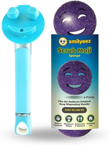 The Original Smiling Sponge Handle Soap Dispensing Handle by Smilyeez - (White) & 3 Purple Scrub Moji Sponges in Kuwait