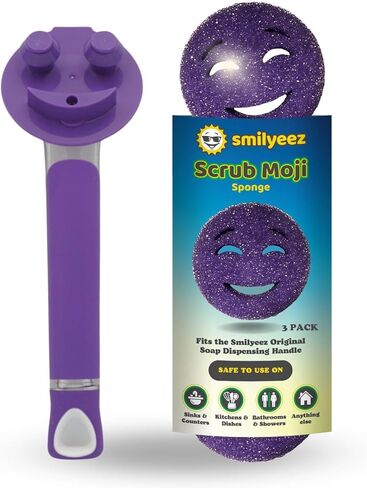 The Original Smiling Sponge Handle Soap Dispensing Handle by Smilyeez - (White) & 3 Purple Scrub Moji Sponges in Kuwait