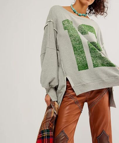 Oversized Graphic Sweatshirts Women Y2k Crewneck Vintage Long Sleeve Shirts Drop Shoulder Jacket Sweater in Kuwait