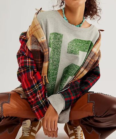 Oversized Graphic Sweatshirts Women Y2k Crewneck Vintage Long Sleeve Shirts Drop Shoulder Jacket Sweater in Kuwait
