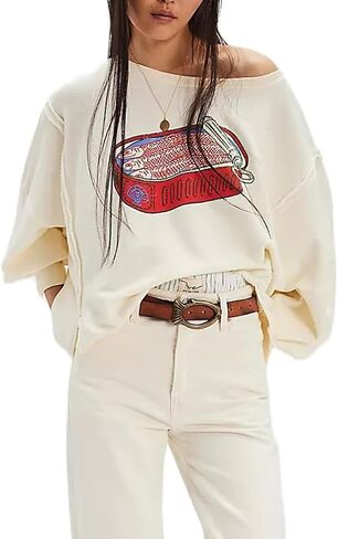 Oversized Graphic Sweatshirts Women Y2k Crewneck Vintage Long Sleeve Shirts Drop Shoulder Jacket Sweater in Kuwait
