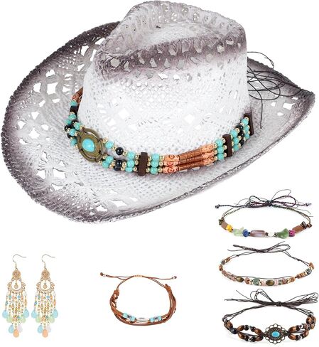 Straw Cowboy Hat Western Cowgirl Hat Cowboy Sun Hats for Men Women with 4 Decorative Bands,1 Earrings and Bracelets in Kuwait