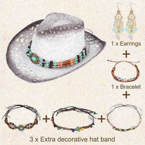 Straw Cowboy Hat Western Cowgirl Hat Cowboy Sun Hats for Men Women with 4 Decorative Bands,1 Earrings and Bracelets in Kuwait