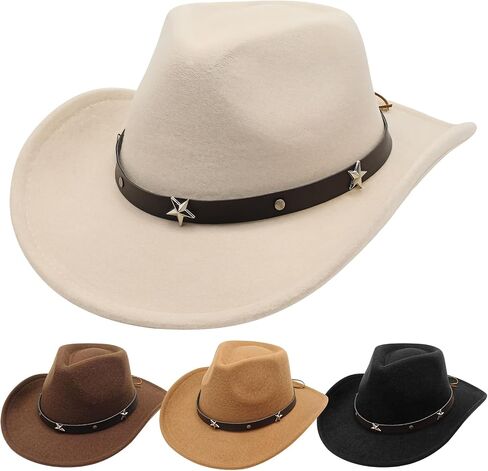 4 PCS Cowboy Hat, Wool Felt Western Cowboy Hat for Men and Women, Star Studded Brim, Versatile Style for Parties, Outdoor Activities, Available in Black, Beige, Khaki, Coffee in Saudi Arabia