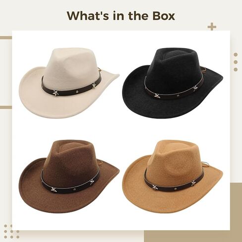 4 PCS Cowboy Hat, Wool Felt Western Cowboy Hat for Men and Women, Star Studded Brim, Versatile Style for Parties, Outdoor Activities, Available in Black, Beige, Khaki, Coffee in Saudi Arabia