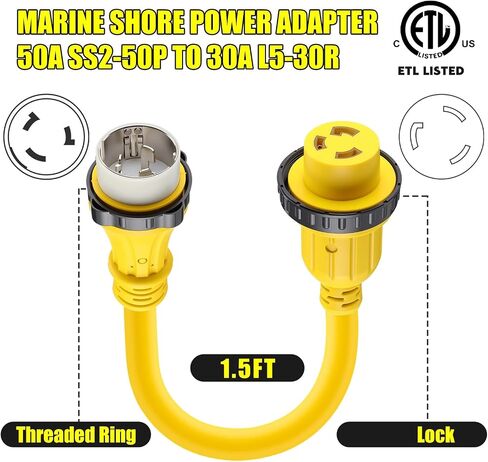 1.8FT Marine Shore Power Dogbone Adapter, Marine 50A SS2-50P to 30A L5-30R Female with Locking Ring, 50 Amp 125/250V to 30Amp L5-30R Marine Shore Power Pigtail Boat Adapter with Lock in Saudi Arabia