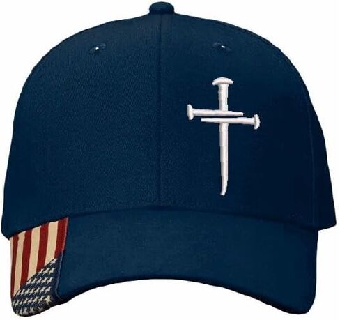 Christian Cross Baseball Cap, Religious 3 Nail Design, Navy AM350 Flag Brim HAT Jesus Christian Hat Choices Adjustable Hat and Free Decal. in Saudi Arabia