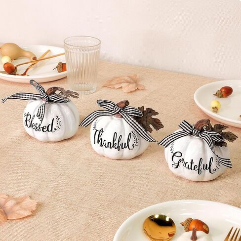 TURNMEON Fall Decorations-Set of 3 Thankful Grateful Blessed Resin Artificial Pumpkins Decor, Fall Pumpkin Centerpiece for Fall Autumn Harvest Thanksgiving Table Decorations Home Decor, Orange in Kuwait