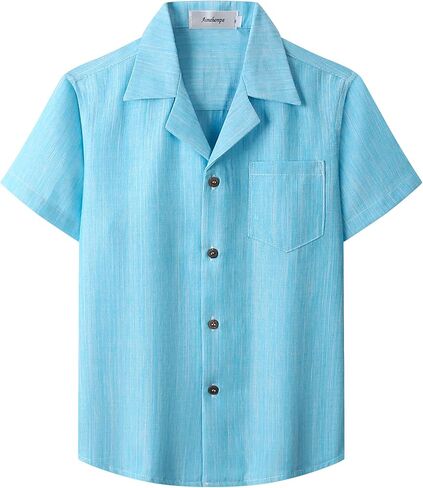 Boys Button Down Cuban Collar Shirt Chambray Short Sleeve Casual Hawaiian Shirt Vintage Fashion Clothes with Pocket in Saudi Arabia