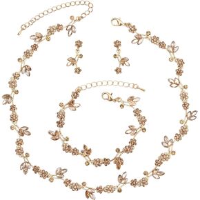 Brides Bridesmaid Flower Leaf Choker Necklace Dangle Earrings Link Bracelet Austrian Crystal Wedding Jewelry Set for Prom Costume Party Accessories for Woman in Saudi Arabia