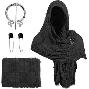 Shawl Scarf Shaman Cowl Medieval Costume Dune Costume Hooded Shawl Scarf Brooch Paperclip Half Cape Outfit (Black Gray) in Saudi Arabia