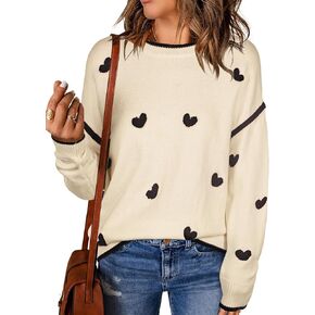 Angashion Women's Heart Sweater Crew Neck Casual Long Sleeve Loose fit Love Print Ribbed Knit Sweaters Pullover Top in Kuwait