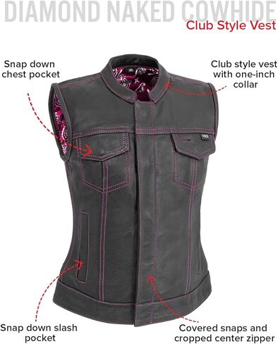 First Mfg Co Jessica Womens Motorcycle Biker Riding Leather, Mesh, Perforated Armor Biker Vest for Women with Contrast Stitch in Kuwait