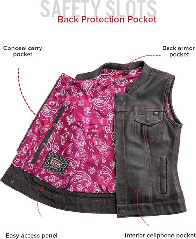 First Mfg Co Jessica Womens Motorcycle Biker Riding Leather, Mesh, Perforated Armor Biker Vest for Women with Contrast Stitch in Kuwait