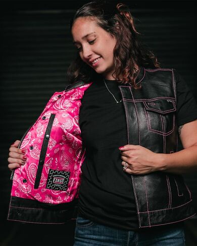 First Mfg Co Jessica Womens Motorcycle Biker Riding Leather, Mesh, Perforated Armor Biker Vest for Women with Contrast Stitch in Kuwait