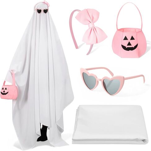 4 Pcs Pastel Halloween Sheet Ghost Costume Glasses Pumpkin Bag Ghost Boo Costume for Adults Halloween Cosplay in Saudi Arabia