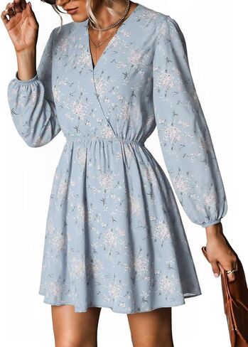 DERAX Women's Boho Floral Mini Dresses Fall V Neck Chiffon Long Peasant Sleeves 2026 Spring Short Dress in Kuwait