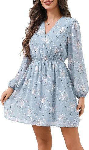 DERAX Women's Boho Floral Mini Dresses Fall V Neck Chiffon Long Peasant Sleeves 2026 Spring Short Dress in Kuwait