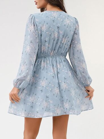 DERAX Women's Boho Floral Mini Dresses Fall V Neck Chiffon Long Peasant Sleeves 2026 Spring Short Dress in Kuwait