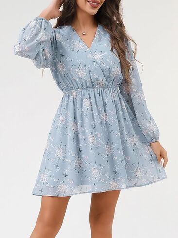 DERAX Women's Boho Floral Mini Dresses Fall V Neck Chiffon Long Peasant Sleeves 2026 Spring Short Dress in Kuwait