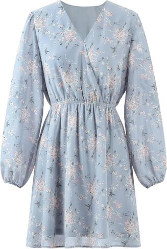 DERAX Women's Boho Floral Mini Dresses Fall V Neck Chiffon Long Peasant Sleeves 2026 Spring Short Dress in Kuwait