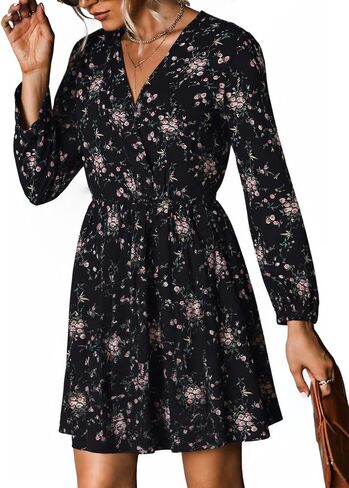 DERAX Women's Boho Floral Mini Dresses Fall V Neck Chiffon Long Peasant Sleeves 2026 Spring Short Dress in Kuwait