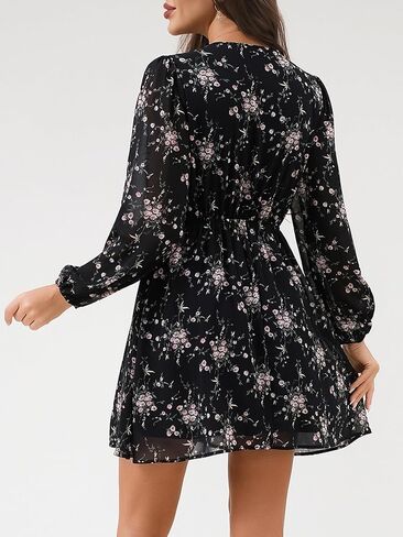DERAX Women's Boho Floral Mini Dresses Fall V Neck Chiffon Long Peasant Sleeves 2026 Spring Short Dress in Kuwait